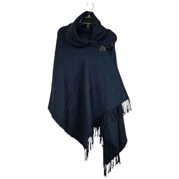 Brooks Brothers Women's Navy Blue Winter Cape Poncho Wrap Fringe Scarf Shawl OS - Picture 9 of 10